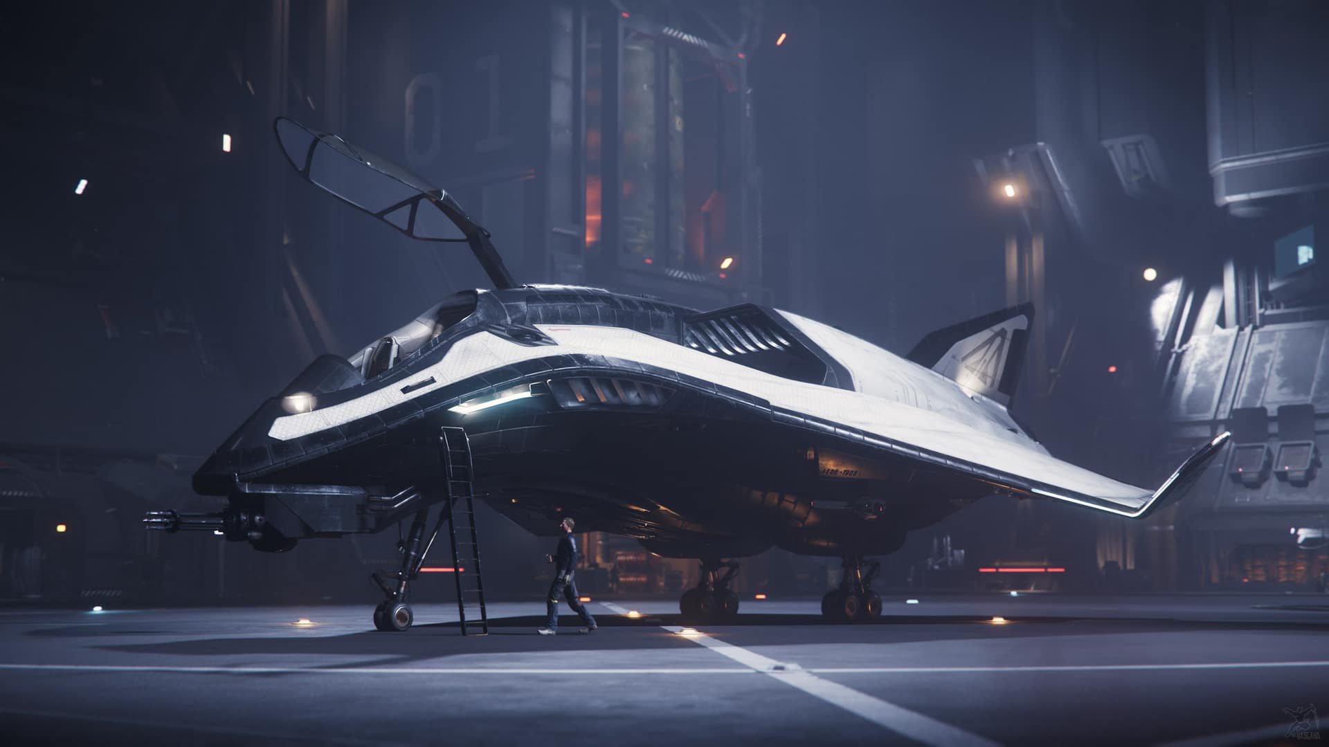 A crew member walks beneath a sleek black-and-white fighter parked in a dim hangar, a boarding ladder resting against its open cockpit.