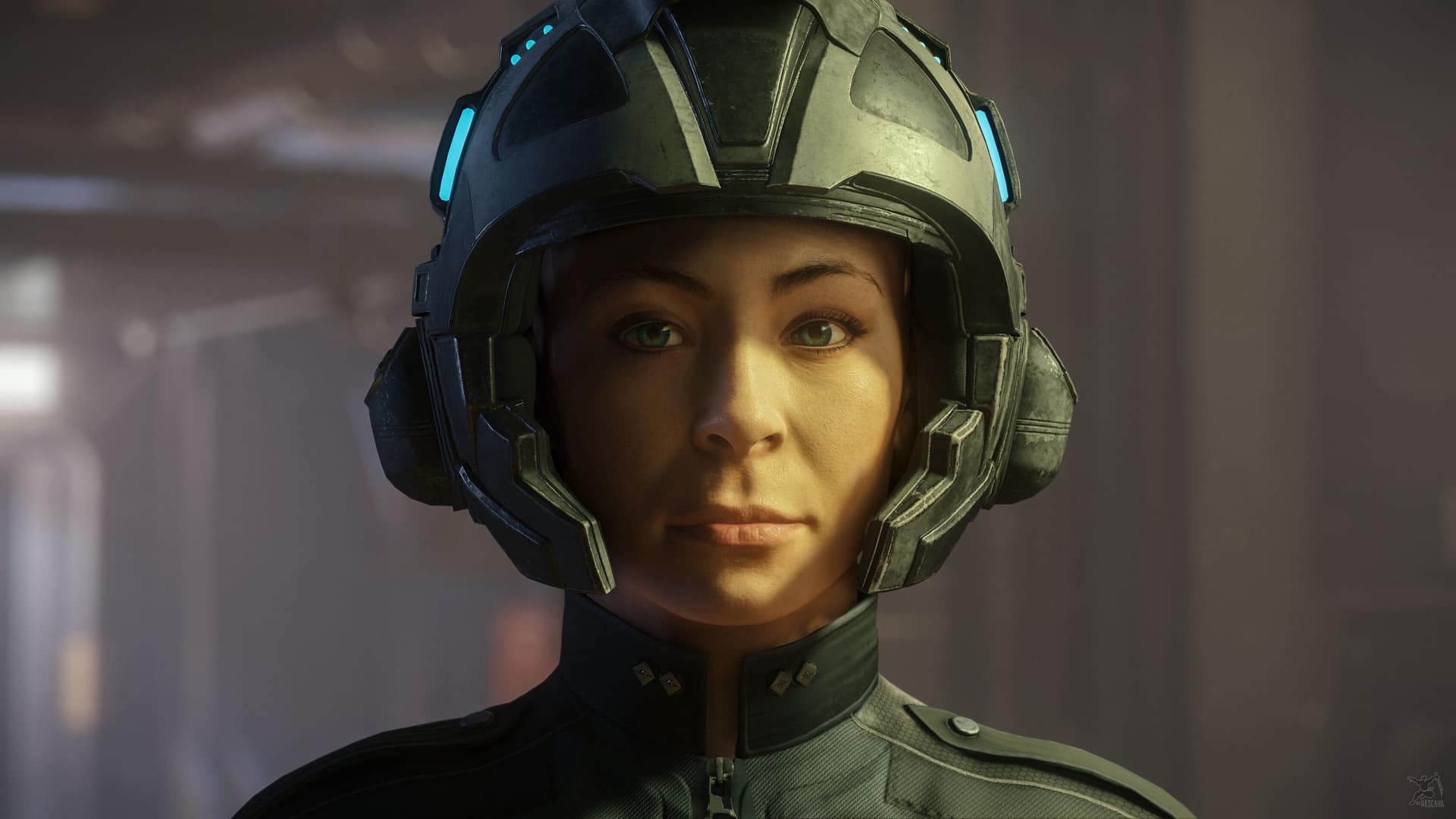 A female Star Citizen pilot in a dark flight helmet with glowing cyan accents, her face warmly lit inside a dim ship interior.