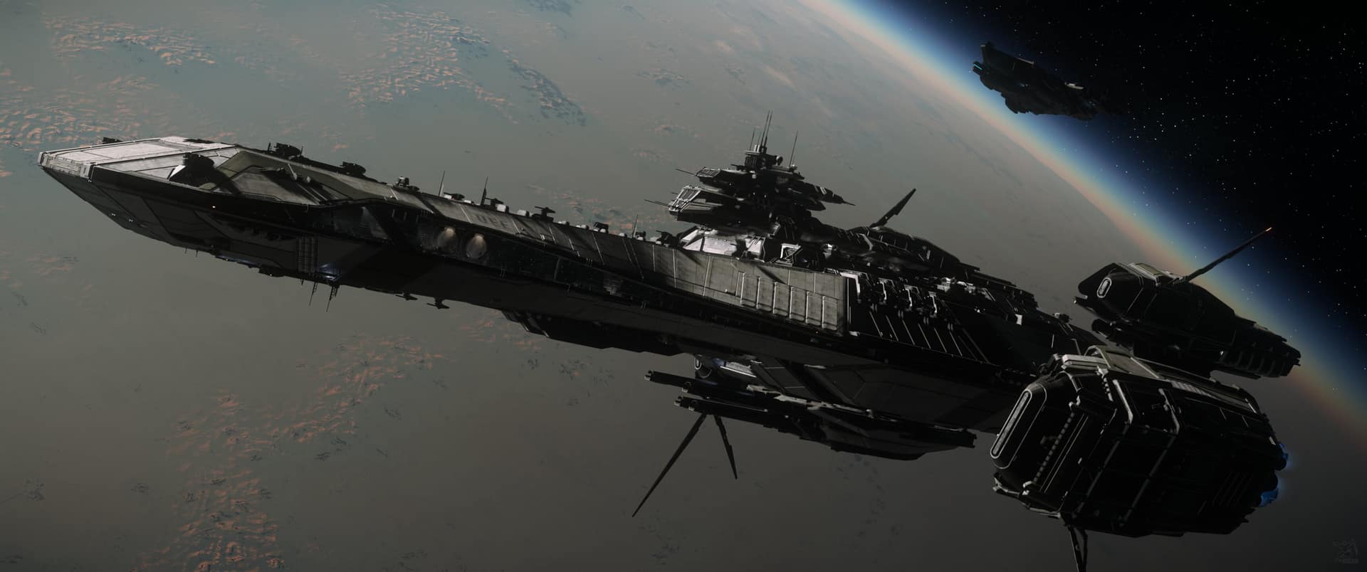 A massive UEE Navy capital ship cruises in low orbit above a hazy planet, with a second warship trailing near the glowing horizon.