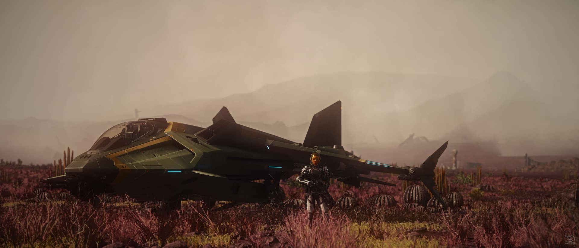 An armored pilot stands beside a landed dark-green military fighter in a field of red alien grass and barrel cacti, mountains fading into dusty haze behind.