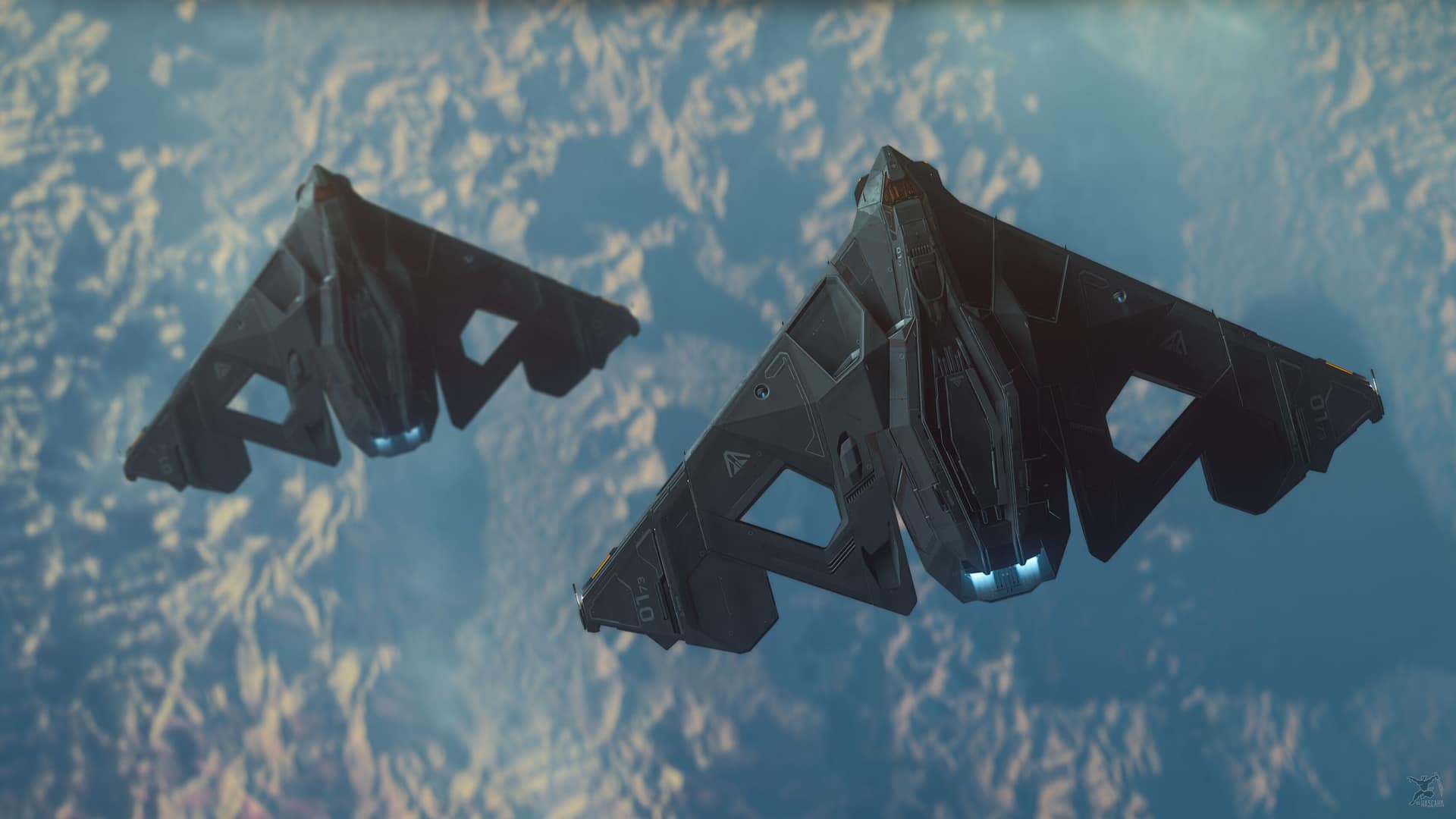 Two dark Aegis Eclipse stealth bombers flying in formation high above a planet's pale blue, cloud-mottled surface.