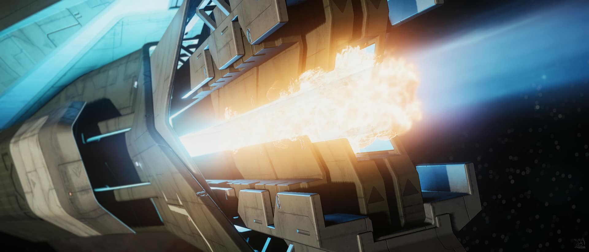 Close-up of a Star Citizen capital ship's armored engine section erupting in orange thruster flame as blue light streaks past in deep space.