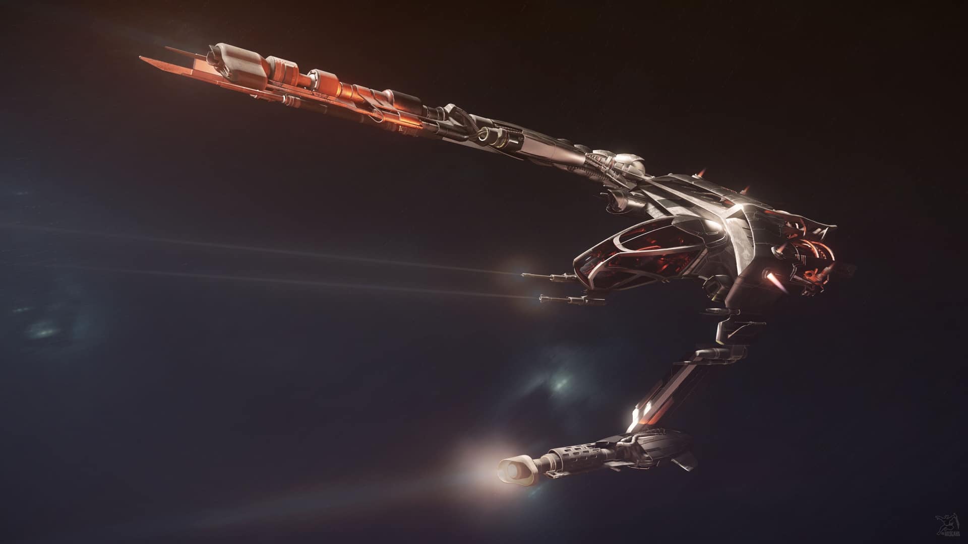 A Vanduul fighter with a long blade-like wing and red-lit cockpit banking through dark space, engines flaring behind it.