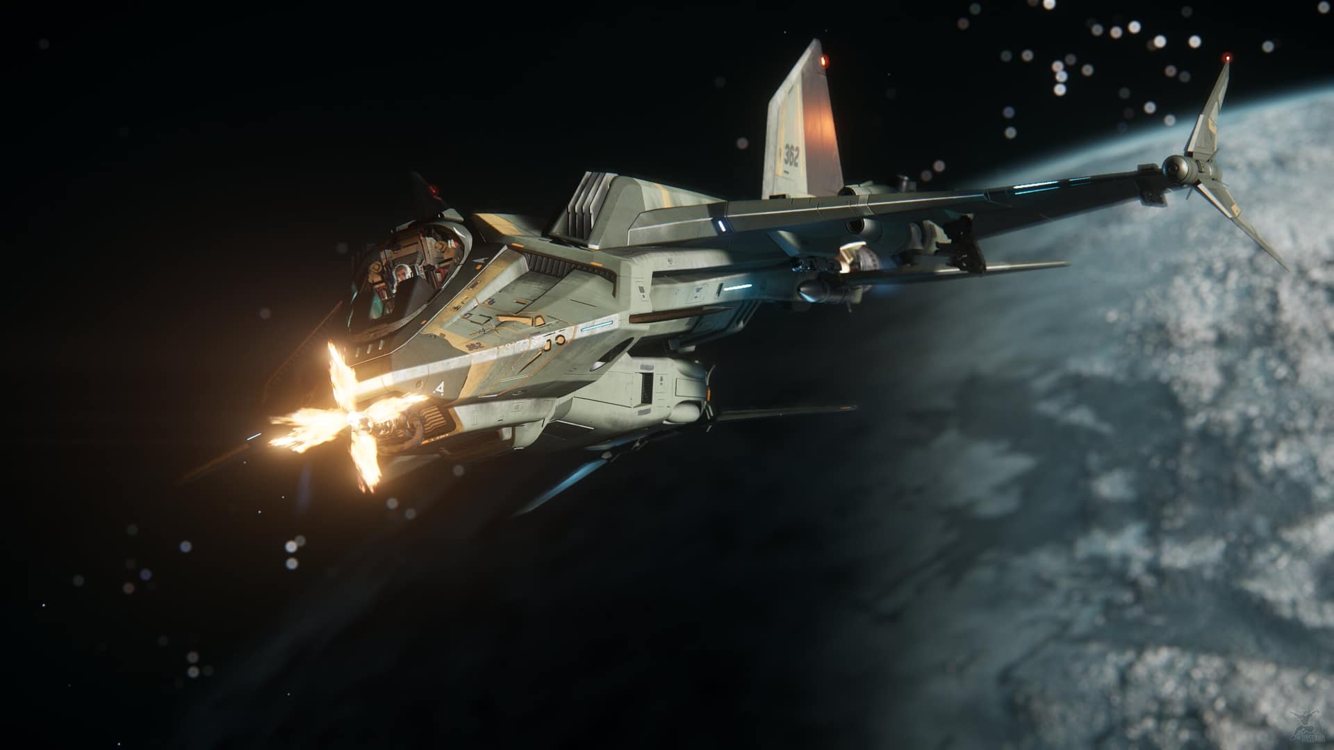 A Star Citizen military fighter fires its nose cannon in a muzzle flash while banking over a cloud-covered planet in orbit.