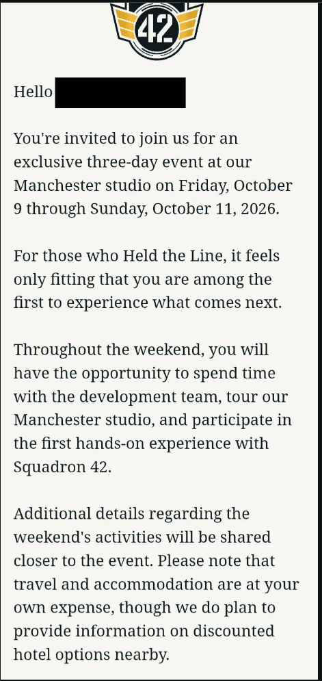 Screenshot of the official CIG invitation email for the Squadron 42 hands-on event at the Manchester studio, October 9-11, 2026, with the recipient's name redacted.